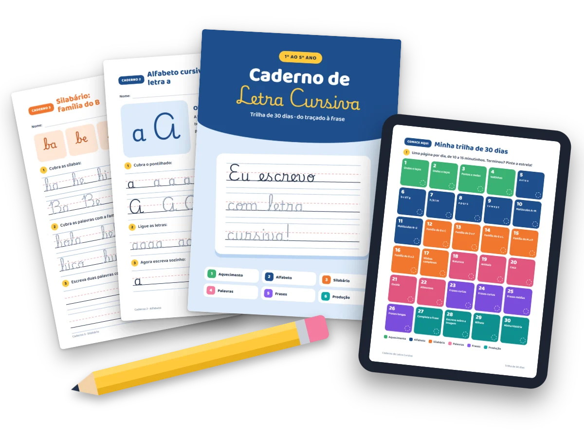 Caderno de Letra Cursiva: folhas impressas de alfabeto e silabário, capa do caderno e cronograma de 30 dias no tablet